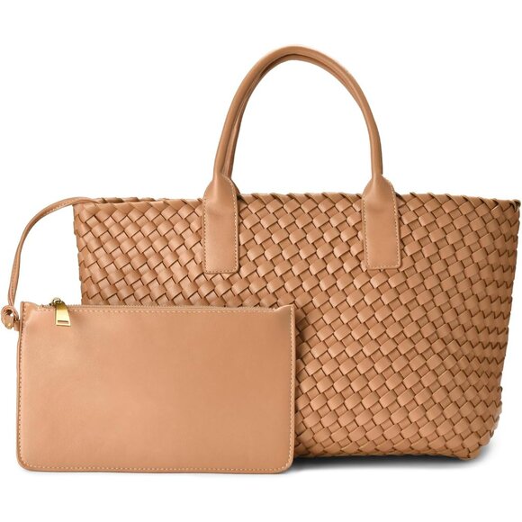 Handbags - Apricot vegan woven tote bag for women, large convertible handbag with zipper
